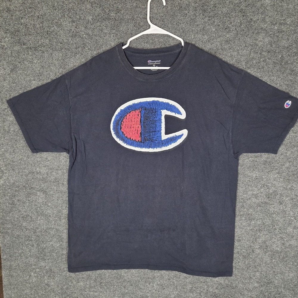 Champion Big Logo T Shirt Mens 2XL Navy Blue Embroidered Spellout Streetwear
